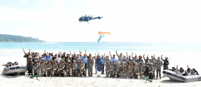 The Union Minister for Defence, Smt. Nirmala Sitharaman with the Tri-Services troops of Andaman & Nicobar Islands Command, at Port Blair on January 14, 2018.