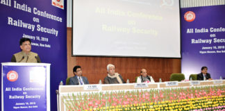 The Union Minister for Railways and Coal, Shri Piyush Goyal addressing the Conference on Railway Security, in New Delhi on January 16, 2019. The Union Home Minister, Shri Rajnath Singh, the Minister of State for Communications (I/C) and Railways, Shri Manoj Sinha and the DG, Railway Protection Force, Shri Arun Kumar are also seen.