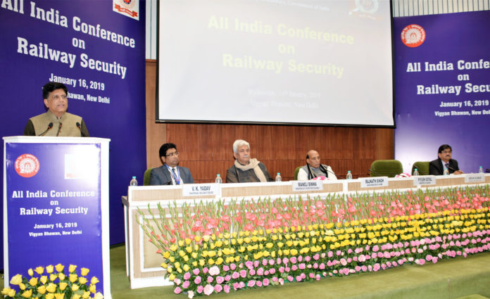 The Union Minister for Railways and Coal, Shri Piyush Goyal addressing the Conference on Railway Security, in New Delhi on January 16, 2019. The Union Home Minister, Shri Rajnath Singh, the Minister of State for Communications (I/C) and Railways, Shri Manoj Sinha and the DG, Railway Protection Force, Shri Arun Kumar are also seen.