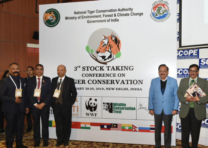 The Union Minister for Science & Technology, Earth Sciences and Environment, Forest & Climate Change, Dr. Harsh Vardhan at the inauguration of the 3rd Stock Taking Conference On Tiger Conservation, in New Delhi on January 28, 2019.