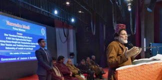 The Prime Minister, Shri Narendra Modi addressing the gathering at a function, in Leh, Jammu and Kashmir on February 03, 2019.