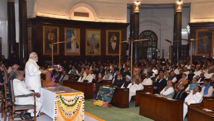 The Prime Minister, Shri Narendra Modi addressing at the unveiling ceremony of portrait of the former Prime Minister, Shri Atal Bihari Vajpayee, at the Central Hall of Parliament, in New Delhi on February 12, 2019.