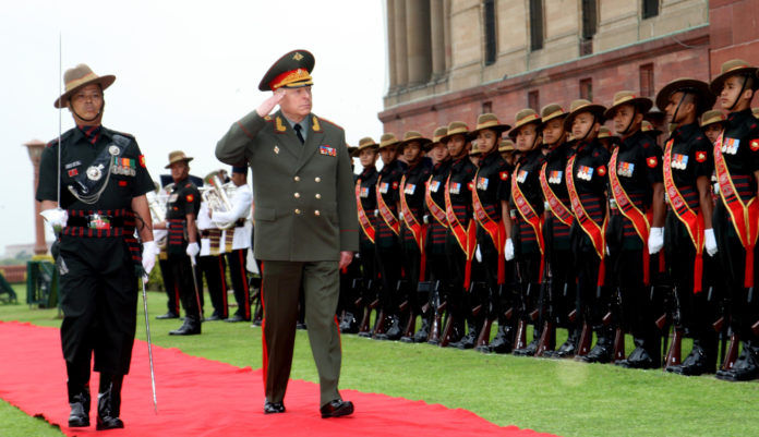 The Land Forces Cdr. Russian Federation, Col. Gen. Salyukov Oleg Leonidovich inspecting the Guard of Honour, in New Delhi on March 14, 2019.