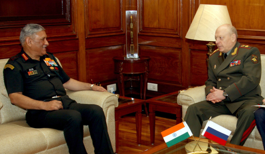 The Land Forces Cdr. Russian Federation, Col. Gen. Salyukov Oleg Leonidovich meeting the Chief of Army Staff, General Bipin Rawat, in New Delhi on March 14, 2019.