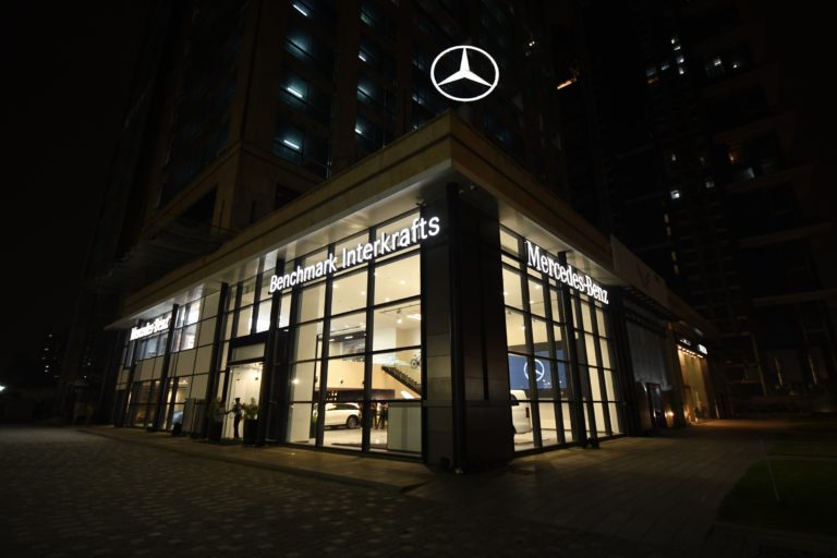 Day and Night shot of 'Mercedes-Benz Benchmark Interkrafts' in Kolkata, West Bengal