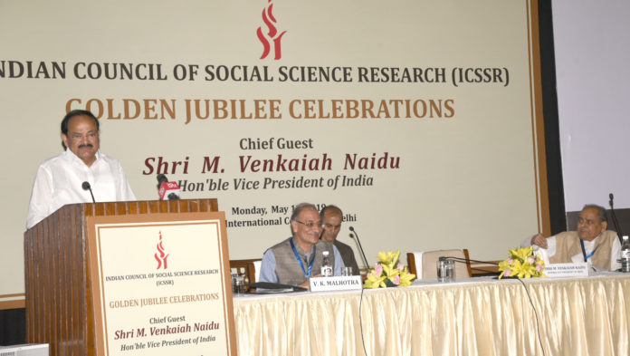 The Vice President, Shri M. Venkaiah Naidu addressing the gathering at the Golden Jubilee Celebrations of the Indian Council of Social Science Research, in New Delhi on May 13, 2019.