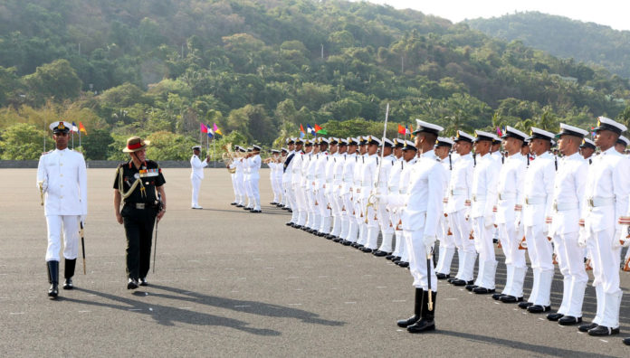 The Chief of Army Staff, General Bipin Rawat inspecting the Ceremonial Guard, at the passing out parade - Spring Term 2019, at Indian Naval Academy, in Ezhimala, Kerala on May 25, 2019.