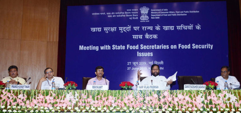 The Union Minister for Consumer Affairs, Food and Public Distribution, Shri Ram Vilas Paswan chairing a meeting with the State Food Secretaries on Food Security Issue, in New Delhi on June 27, 2019. The Secretary, Department of Food & Public Distribution, Shri Ravikant is also seen.