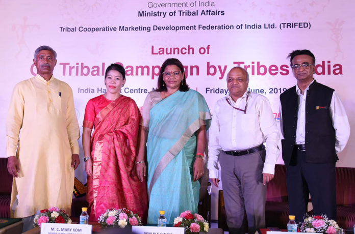 The Minister of State for Tribal Affairs, Smt. Renuka Singh at the launch of the Go Tribal Campaign by Tribes India, in New Delhi on June 28, 2019. The Secretary, Ministry of Tribal Affairs, Shri Deepak Khandekar and other dignitaries are also seen.