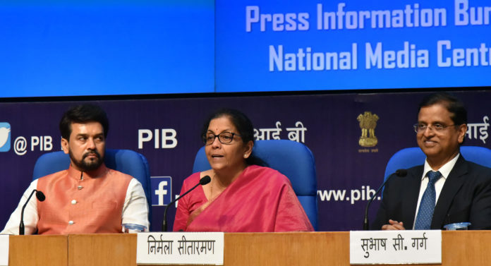 The Union Minister for Finance and Corporate Affairs, Smt. Nirmala Sitharaman addressing a Post Budget Press Conference, in New Delhi on July 05, 2019. The Minister of State for Finance and Corporate Affairs, Shri Anurag Singh Thakur and the Secretary, Finance and Department of Economic Affairs, Shri S.C. Garg are also seen.
