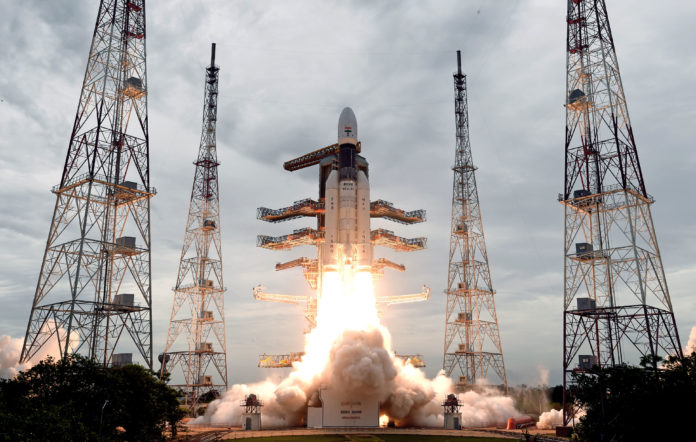 The Geosynchronous Satellite Launch Vehicle, GSLV MkIII-M1 rocket, carrying Chandrayaan-2 spacecraft, lifting off from the Second Launch Pad at the Satish Dhawan Space Centre, Sriharikota, in Andhra Pradesh on July 22, 2019.