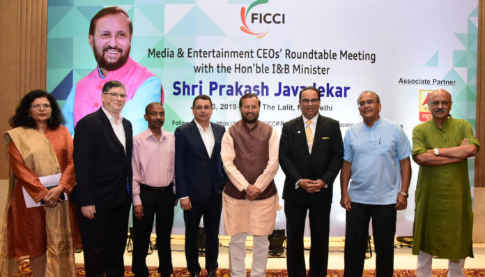 The Union Minister for Environment, Forest & Climate Change and Information & Broadcasting, Shri Prakash Javadekar at the round table meeting with the CEOs of Media and Entertainment sector, in New Delhi on July 23, 2019. The Secretary, Ministry of Information & Broadcasting, Shri Amit Khare and other dignitaries are also seen.