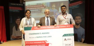 Team from S R M Institute of Science & Technology, Tamil Nadu receiving the Chairman’s Award for TI’s IICDC 2018 Finals for their innovation on ‘Inkless Printing Technology Using Plasma Arc Paper Carburisation.’