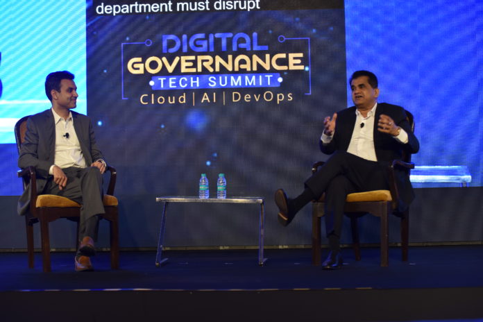 Amitabh Kant, CEO NITI Aayog and Anant Maheshwari, President, Microsoft India at the Digital Governance Tech Summit to announce the launch of a national skilling initiative