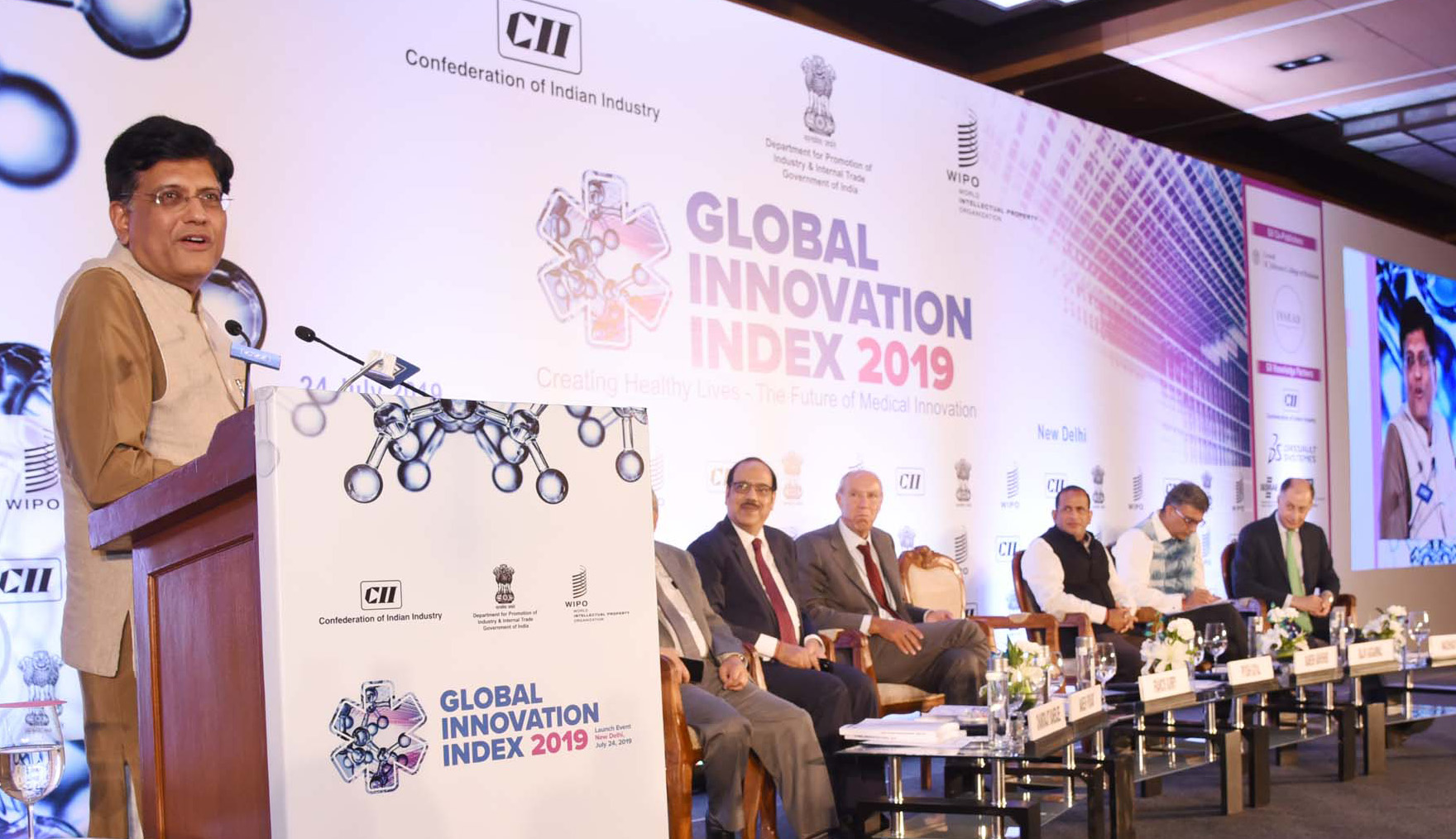 The Union Minister for Railways and Commerce & Industry, Shri Piyush Goyal addressing at the launch of the Global Innovation Index  2019, in New Delhi on July 24, 2019. The Secretary, DPIIT, Shri Ramesh Abhishek and other dignitaries are also seen.