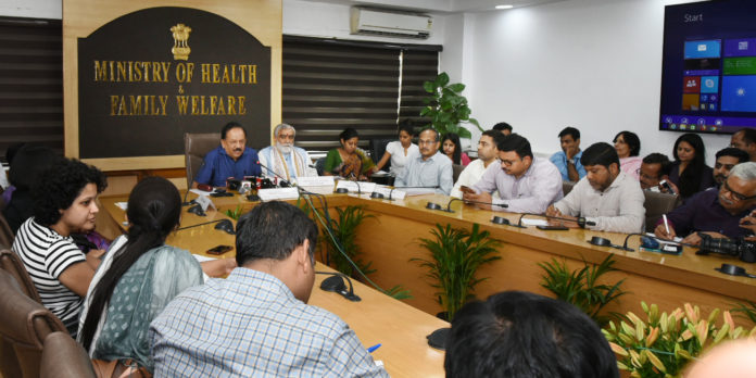 The Union Minister for Health & Family Welfare, Science & Technology and Earth Sciences, Dr. Harsh Vardhan addressing a Press Conference on the NMC Bill 2019, in New Delhi on August 08, 2019. The Minister of State for Health & Family Welfare, Shri Ashwini Kumar Choubey is also seen.