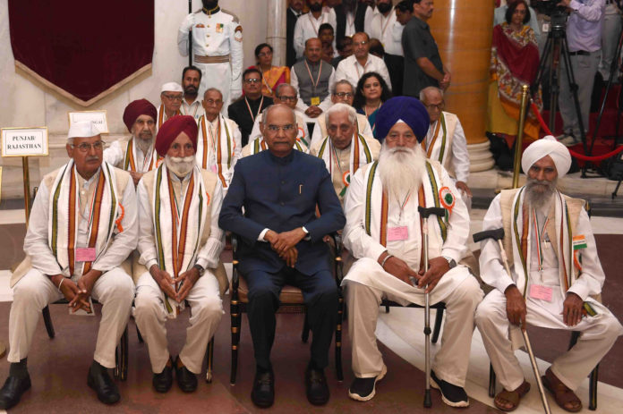 The President of India, Shri Ram Nath Kovind with the Freedom Fighters, during the At Home function, on the occasion of 77th Anniversary of the Quit India Movement, at Rashtrapati Bhavan, in New Delhi on August 09, 2019.