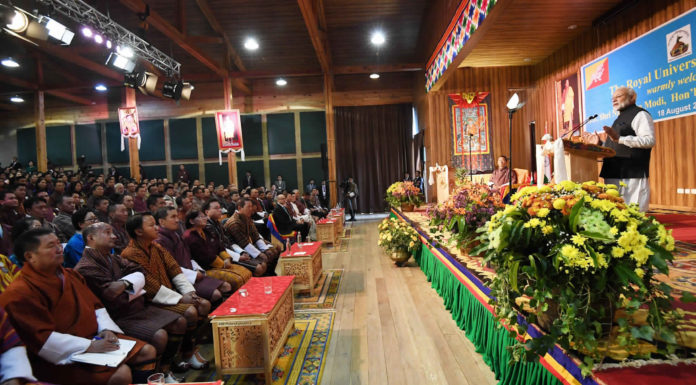 The Prime Minister, Shri Narendra Modi addressing at the Royal University of Bhutan, in Bhutan on August 18, 2019.