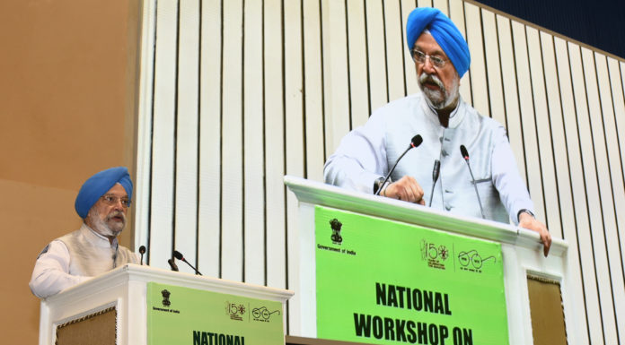 The Minister of State for Housing & Urban Affairs, Civil Aviation (Independent Charge) and Commerce & Industry, Shri Hardeep Singh Puri addressing at the National Workshop Cum-Exhibition on Sustainable Sanitation, jointly organised by the Ministry of Social Justice & Empowerment and Ministry of Housing & Urban Affairs, in New Delhi on August 19, 2019.