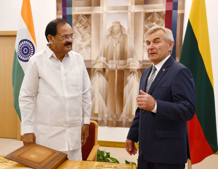 The Vice President, Shri M. Venkaiah Naidu in a meeting with the Speaker, Mr. Viktoras Pranckietis at the Seimas (Parliament) of the Republic of Lithuania, in Vilnius on August 19, 2019.