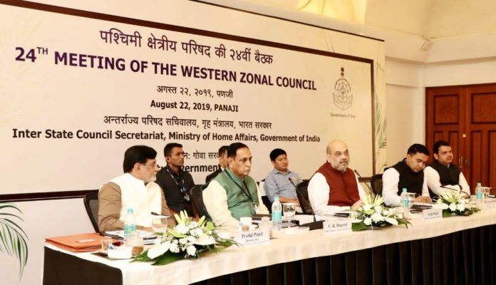 The Union Home Minister, Shri Amit Shah chairing the 24th Meeting of the Western Zonal Council, in Panaji, Goa on August 22, 2019. The Chief Minister of Gujarat, Shri Vijay Rupani, the Chief Minister of Maharashtra, Shri Devendra Fadnavis, the Chief Minister of Goa, Dr. Pramod Sawant and the Administrator of the UTs of Dadra & Nagar Haveli and Daman & Diu, Shri Praful Patel are also seen.