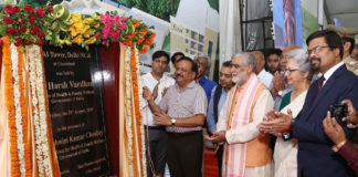 The Union Minister for Health & Family Welfare, Science & Technology and Earth Sciences, Dr. Harsh Vardhan laying the foundation stone of FSSAI Tower, at Ghaziabad, Uttar Pradesh on August 23, 2019. The Minister of State for Health and Family Welfare, Shri Ashwini Kumar Choubey and other dignitaries are also seen.