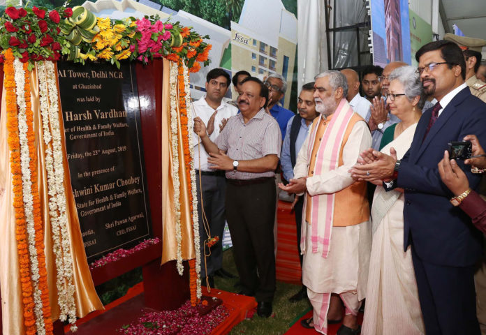 The Union Minister for Health & Family Welfare, Science & Technology and Earth Sciences, Dr. Harsh Vardhan laying the foundation stone of FSSAI Tower, at Ghaziabad, Uttar Pradesh on August 23, 2019. The Minister of State for Health and Family Welfare, Shri Ashwini Kumar Choubey and other dignitaries are also seen.