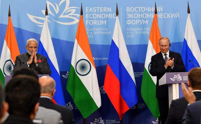 The Prime Minister, Shri Narendra Modi and the President of Russian Federation, Mr. Vladimir Putin at the Joint Press Statements, at Vladivostok, in Russia on September 04, 2019.