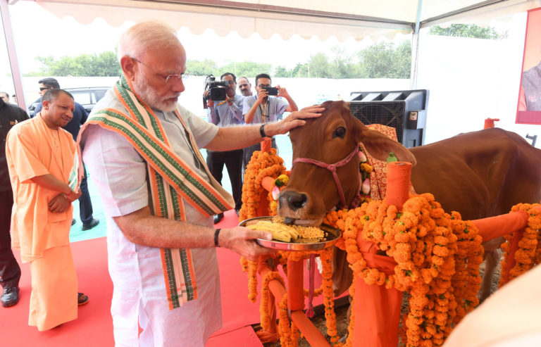 The Prime Minister, Shri Narendra Modi visits Pashu Vigyan Evam Arogya Mela, in Mathura, Uttar Pradesh on September 11, 2019. The Chief Minister of Uttar Pradesh, Yogi Adityanath is also seen.