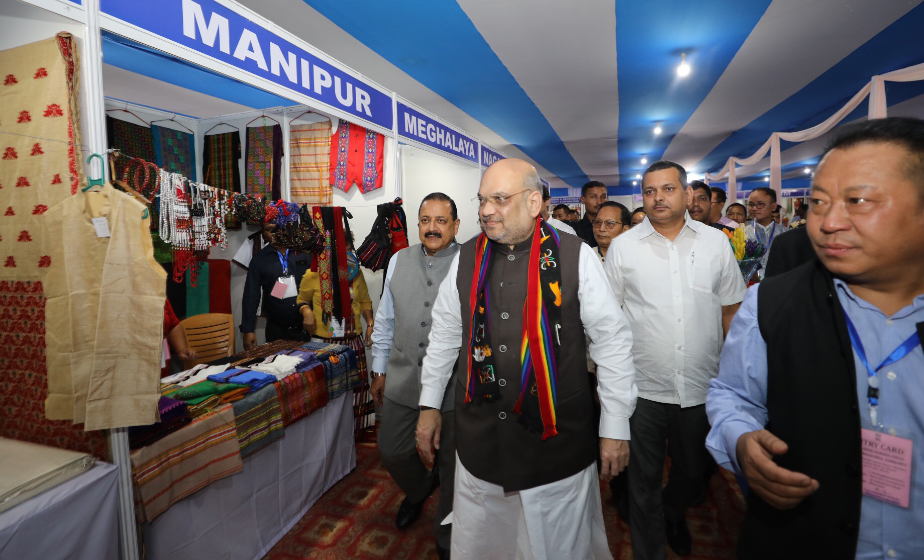 The Union Home Minister, Shri Amit Shah reviewing the North East Handloom and Handicraft Exhibition, in Aizawl, Mizoram on October 05, 2019. The Minister of State for Development of North Eastern Region (I/C), Prime Ministers Office, Personnel, Public Grievances & Pensions, Atomic Energy and Space, Dr. Jitendra Singh is also seen.