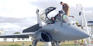 The Union Minister for Defence, Shri Rajnath Singh onboard newly inducted Rafale aircraft, in France on October 08, 2019.