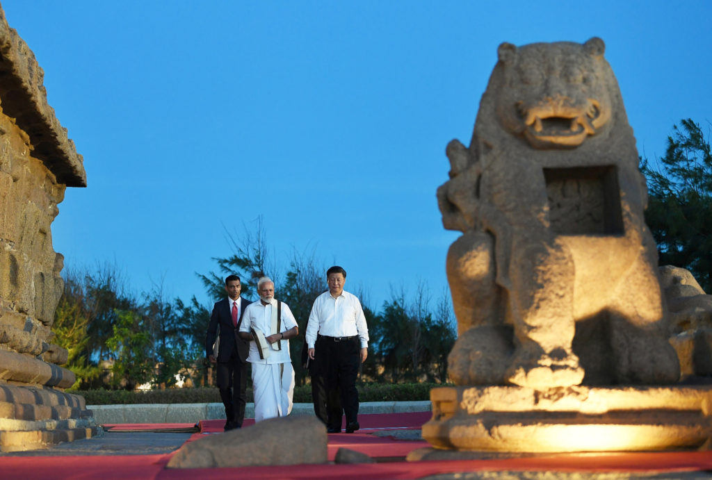 The Prime Minister, Shri Narendra Modi and the President of the People’s Republic of China, Mr. Xi Jinping visiting the Shore Temple Monuments, in Mamallapuram, Tamil Nadu on October 11, 2019.