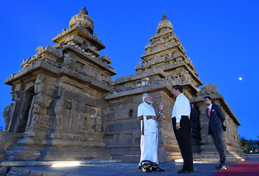 The Prime Minister, Shri Narendra Modi and the President of the Peoples Republic of China, Mr. Xi Jinping visiting the Shore Temple Monuments, in Mamallapuram, Tamil Nadu on October 11, 2019.