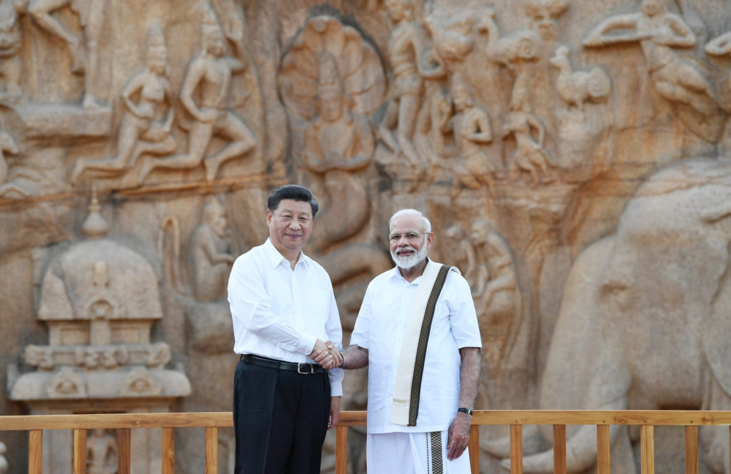 The Prime Minister, Shri Narendra Modi and the President of the People’s Republic of China, Mr. Xi Jinping at Arjuna’s Penance, in Mamallapuram, Tamil Nadu on October 11, 2019.