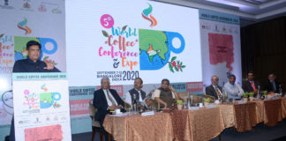 The Union Minister for Railways and Commerce & Industry, Shri Piyush Goyal addressing at the curtain raiser of the 5th World Coffee Conference & Expo to be held at Bengaluru in 2020, at IGI Airport, in New Delhi on October 15, 2019. The Commerce Secretary, Dr. Anup Wadhawan and other dignitaries are also seen.