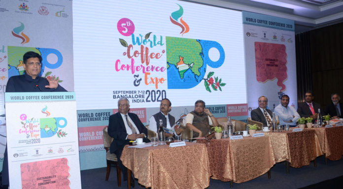 The Union Minister for Railways and Commerce & Industry, Shri Piyush Goyal addressing at the curtain raiser of the 5th World Coffee Conference & Expo to be held at Bengaluru in 2020, at IGI Airport, in New Delhi on October 15, 2019. The Commerce Secretary, Dr. Anup Wadhawan and other dignitaries are also seen.