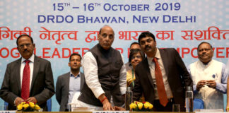 The Union Minister for Defence, Shri Rajnath Singh launching the new website of DRDO, during the 41st Directors Conference of DRDO, in New Delhi on October 15, 2019. The National Security Adviser, Shri Ajit Doval and the Secretary, Department of Defence R&D and Chairman, DRDO, Dr. G. Satheesh Reddy are also seen.