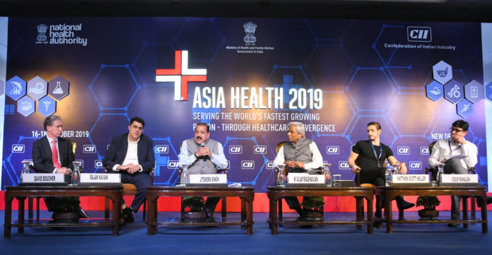 The Minister of State for Development of North Eastern Region (I/C), Prime Ministers Office, Personnel, Public Grievances & Pensions, Atomic Energy and Space, Dr. Jitendra Singh addressing the Asia Health-2019 conference, in New Delhi on October 17, 2019. The Principal Scientific Adviser to the Government of India, Prof. K. Vijay Raghavan and other dignitaries are also seen.
