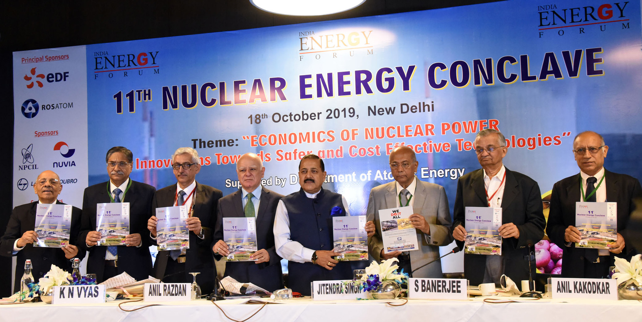 The Minister of State for Development of North Eastern Region (I/C), Prime Ministers Office, Personnel, Public Grievances & Pensions, Atomic Energy and Space, Dr. Jitendra Singh releasing the publication, at the inauguration of the 11th Nuclear Energy Conclave, in New Delhi on October 18, 2019. The Chairman, Department of Atomic Energy (DAE), Shri K.N. Vyas and other dignitaries are also seen.
