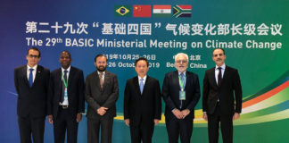 The Union Minister for Environment, Forest & Climate Change and Information & Broadcasting, Shri Prakash Javadekar and other dignitaries at the 29th ministerial meeting of the BASIC (Brazil, South Africa, India, China) countries on Climate Change, in Beijing, China on October 26, 2019.