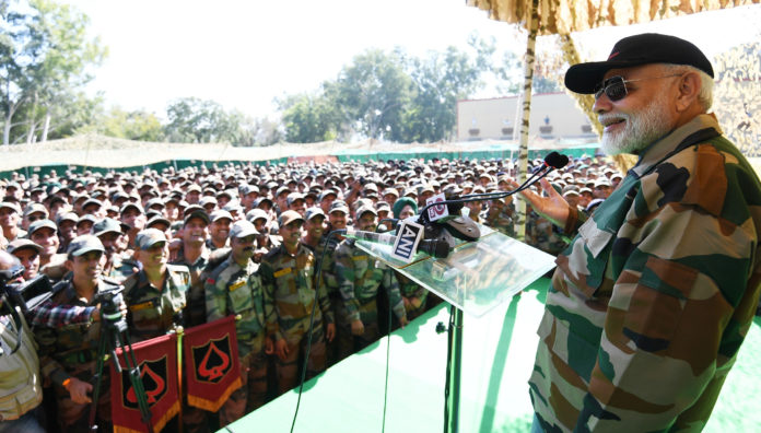 The Prime Minister, Shri Narendra Modi celebrating Diwali with the soldiers, in Rajouri, Jammu and Kashmir on October 27, 2019.