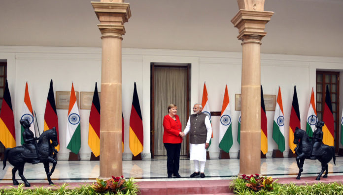 The Prime Minister, Shri Narendra Modi with the Chancellor of the Federal Republic of Germany, Dr. Angela Merkel, at Hyderabad House, in New Delhi on November 01, 2019.