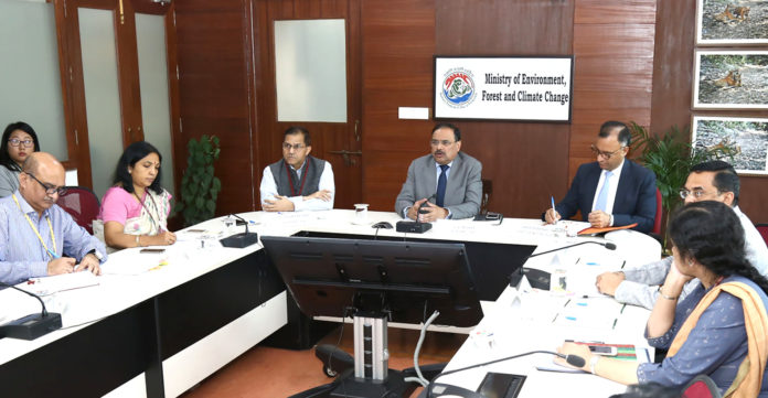 The Secretary, Ministry of Environment, Forest and Climate Change, Shri C.K. Mishra chairing the high-level meeting on air pollution, in New Delhi on November 18, 2019.