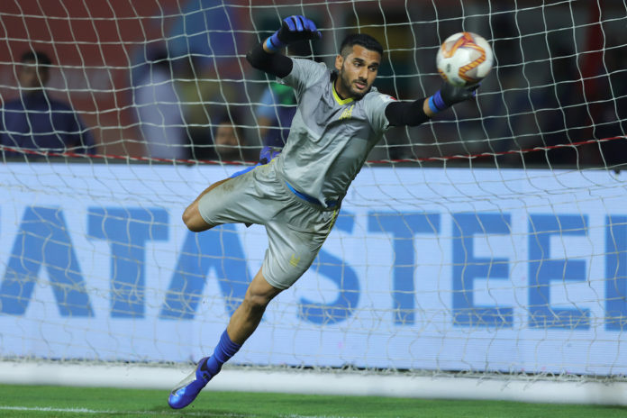 Kamaljit Singh goalkeeper of Hyderabad FC during the warm up session before match 10 of the Indian Super League ( ISL ) between Jamshedpur FC and Hyderabad FC held at the JRD Tata Sports Complex, Jamshedpur, India on the 29th October 2019. Photo by: Deepak Malik / SPORTZPICS for ISL