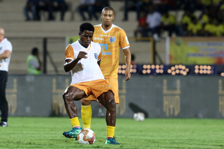 Bartholomew Ogbeche of Kerala Blasters FC warming up before the match 14 of the Indian Super League ( ISL ) between Hyderabad FC and Kerala Blasters FC held at the G.M.C. Balayogi Athletic Stadium, Hyderabad, India on the 2nd Nov 2019. Photo by: Faheem Hussain / SPORTZPICS for ISL