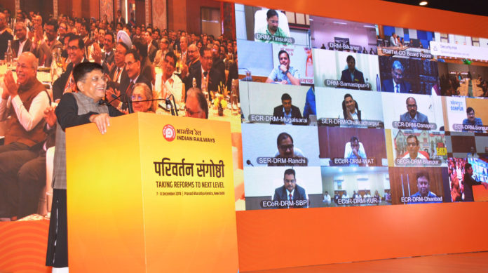 The Union Minister for Railways and Commerce & Industry, Shri Piyush Goyal addressing the Senior Railway Officers at the Parivartan Sangoshthi 2019, organised by the Ministry of Railways, at Pravasi Bhartiya Kendra, in New Delhi on December 07, 2019.