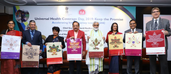 The Union Minister for Health & Family Welfare, Science & Technology and Earth Sciences, Dr. Harsh Vardhan unveiling the Ayushman Bharat PMJAY 2020 calendar, at the Universal Health Coverage Day celebration, in New Delhi on December 12, 2019. The Minister of State for Health and Family Welfare, Shri Ashwini Kumar Choubey, the Secretary, Ministry of Health & Family Welfare, Smt. Preeti Sudan and other dignitaries are also seen.
