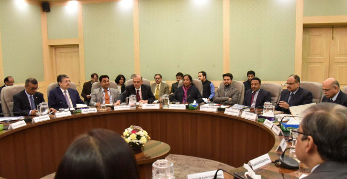 The Union Minister for Finance and Corporate Affairs, Smt. Nirmala Sitharaman holding 2nd Pre- Budget consultations with the stakeholders groups from Financial Sector and Capital Markets, in New Delhi on December 16, 2019. The Minister of State for Finance and Corporate Affairs, Shri Anurag Singh Thakur and other dignitaries are also seen.