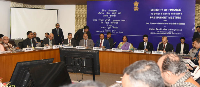 The Union Minister for Finance and Corporate Affairs, Smt. Nirmala Sitharaman holding a Pre-Budget Consultation meeting with the Finance Ministers of States & UTs, in New Delhi on December 18, 2019. The Minister of State for Finance and Corporate Affairs, Shri Anurag Singh Thakur and other dignitaries are also seen.
