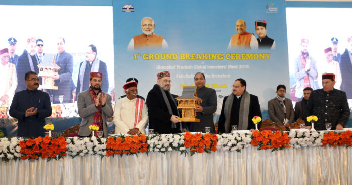 The Union Home Minister, Shri Amit Shah at the 1st Ground Breaking Ceremony of Himachal Pradesh Global Investors Meet  2019, in Shimla, Himachal Pradesh on December 27, 2019. The Governor of Himachal Pradesh, Shri Bandaru Dattatreya, the Chief Minister of Himachal Pradesh, Shri Jai Ram Thakur and the Minister of State for Finance and Corporate Affairs, Shri Anurag Singh Thakur are also seen.